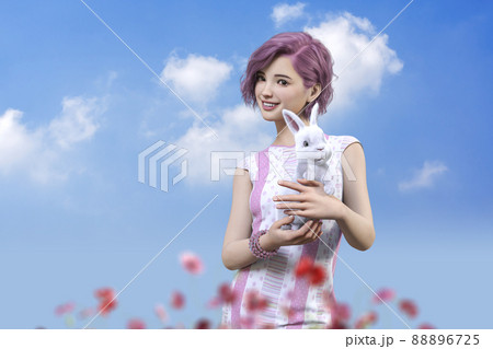 青空の花畑で白いウサギを抱きかかえるピンクの髪の毛の女の子 88896725