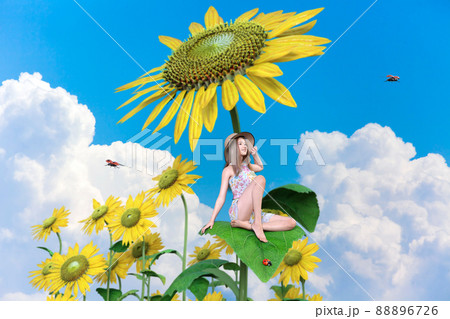 入道雲の綺麗な青空を背景にひまわりの葉っぱに座る麦わら帽子の女の子とてんとう虫のイラスト素材 6726