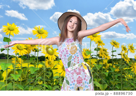 真夏の天気のいい日にひまわり畑の前で両手を広げてポーズする麦わら帽子の女の子のイラスト素材 6730