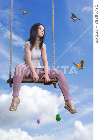 空高く ブランコに乗った笑顔の女の子が小鳥と遊びながら風船が飛ぶ青空を眺めるのイラスト素材 6731