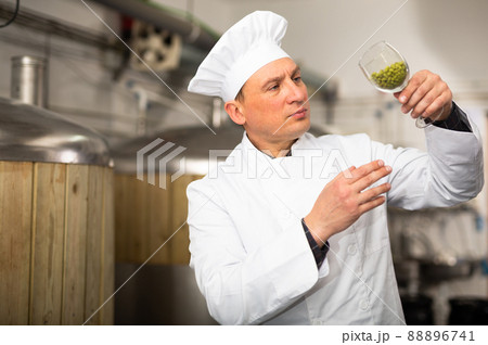 Focused brewer checking quality of hop pellets in brewery 88896741