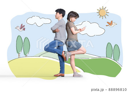 野原の背景イラストの前で少年少女が背中を合わせてシンメトリーなポーズをするのイラスト素材 6810