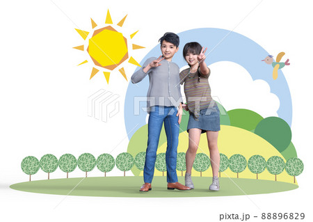 明るい太陽と木が並ぶイラスト風背景の前で元気な男の子と女の子がピースサインをしているのイラスト素材 69