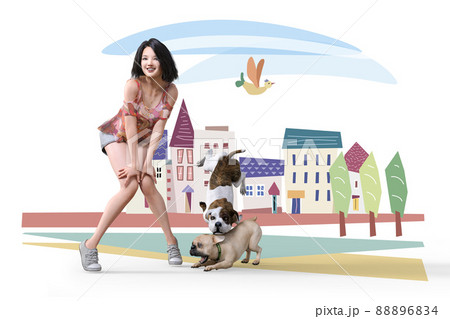 風景イラストを背景に可愛い女性が膝に手を置いて前屈みのポーズをしている横で二匹の犬が戯れている 風景イラストを背景に可愛い女性が膝に手を置いて前屈みのポーズをしている横で二匹の犬が戯れている 88896834