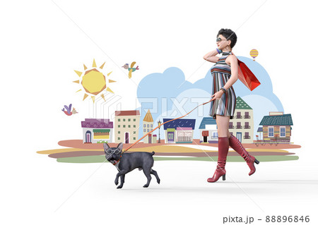 買い物帰りのおしゃれでサングラスをかけた女性がおしゃれなフレンチブルドッグと散歩している風景のイラスト素材 6846