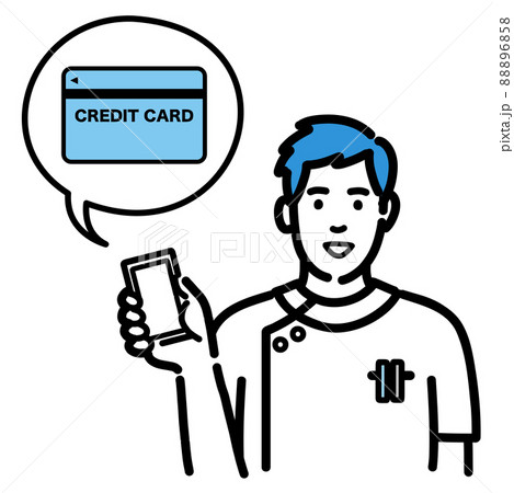 スマートフォンを持ってクレジットカードの説明をしている白衣を着た若い男性看護師 88896858