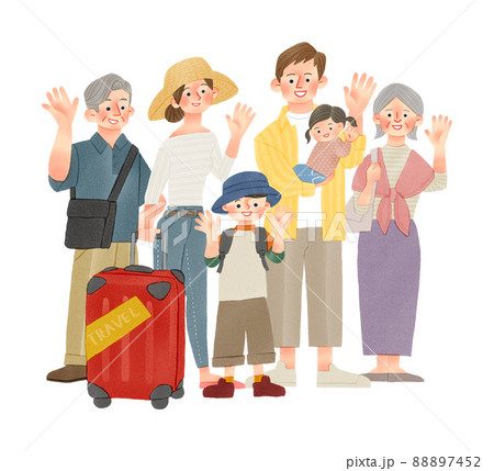 3世代家族の旅行　手描きイラスト 88897452