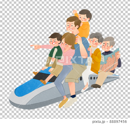 Shinkansen trip for a 3rd generation family Hand-drawn illustration 88897456