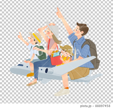 Airplane trip for a family of four Hand-drawn illustrations Airplane trip for a family of four Hand-drawn illustrations 88897458