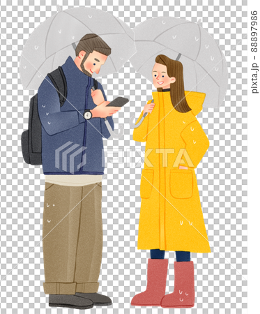 A hand-drawn illustration of a man looking at a smartphone with an umbrella and a woman wearing a raincoat 88897986