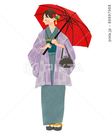 傘を持った着物の女性 手描きイラストのイラスト素材 79