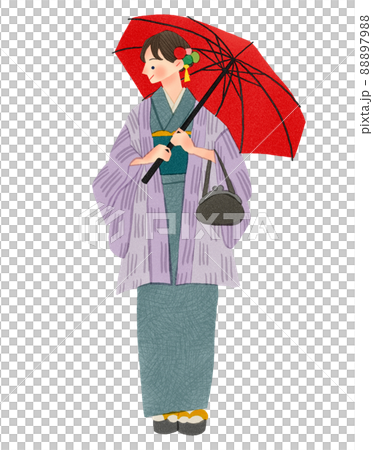 一個穿著和服的女人拿著雨傘的手繪插圖 88897988