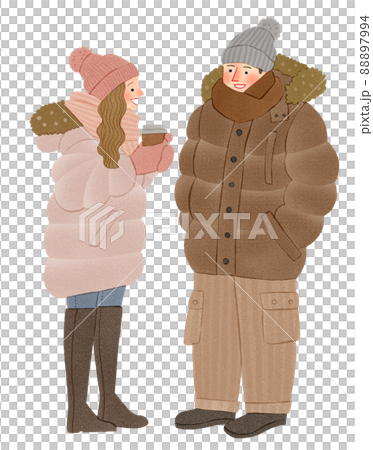 ダウンコートを着た男女 手描きイラスト ダウンコートを着た男女 手描きイラスト 88897994