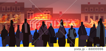 Ukrainian refugees with things fleeing russian aggression against Ukraine stop war concept people searching new homes 88899996