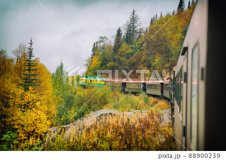 White Pass and Yukon route railroad train ride on old transport rails in Alaska, USA. Nature landscape of Alaska travel cruise excursion. 88900239