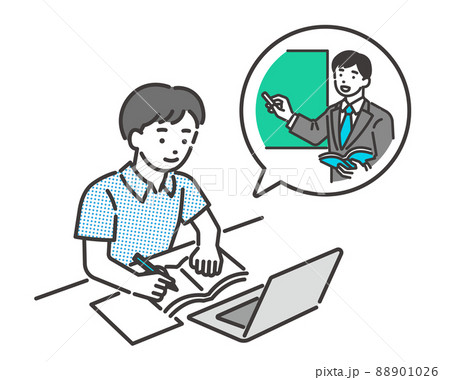 パソコンでリモート授業を受ける男子学生の夏服のベクターイラスト素材/私服/高校生/中学生 パソコンでリモート授業を受ける男子学生の夏服のベクターイラスト素材/私服/高校生/中学生 88901026