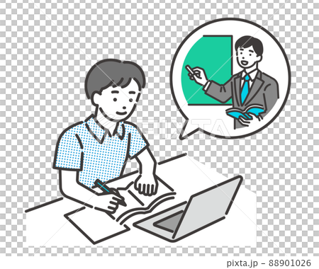 パソコンでリモート授業を受ける男子学生の夏服のベクターイラスト素材/私服/高校生/中学生 パソコンでリモート授業を受ける男子学生の夏服のベクターイラスト素材/私服/高校生/中学生 88901026