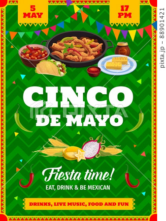 Cinco de Mayo mexican holiday flyer. Vector invitation for fiesta celebration with tex mex meals taco, fajitas, bean soup, corn, dragon or star fruit and sauce. Traditional Mexico party cartoon poster 88901421