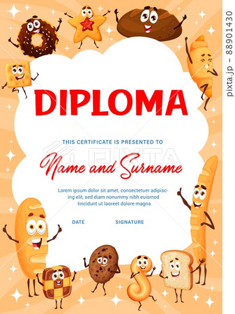 Vertical kids diploma of cartoon bakery and cookies characters. Kindergarten certificate, diploma and award of student education with wheat bread loaves, croissant and baguette, toast, cookie, cracker 88901430
