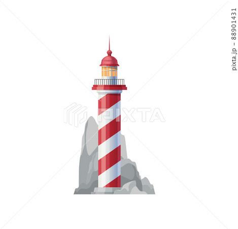 Old sea lighthouse on rock icon. Nautical beacon tower, vector coastal lighthouse lantern on seaside. Navigation safety, marine travel and tourism symbol. Lighthouse building with spiral red lies 88901431