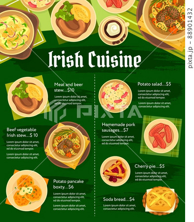 Irish cuisine restaurant meals and dishes menu template. Meat and beer stew, beef vegetable Irish stew and potato pancake boxty and salad, homemade pork sausages and cherry pie, soda bread vector 88901432