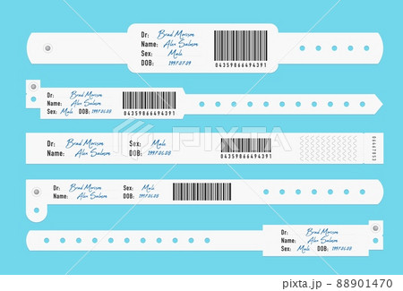 Medical hospital wristband or bracelet mockup, patient identification id. Vector plastic or paper band templates. White bangles with barcode for health institution, doctor name and sex, wristlets set Medical hospital wristband or bracelet mockup, patient identification id. Vector plastic or paper band templates. White bangles with barcode for health institution, doctor name and sex, wristlets set 88901470