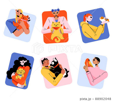 People hug pets square icons, home animals love People hug pets square icons, home animals love 88902048