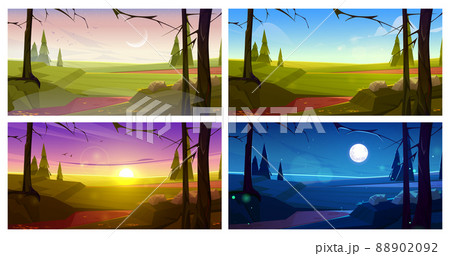 Autumn Landscape At Different Time Of Day - 스톡일러스트 [88902092] - Pixta