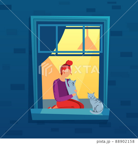 Woman sitting on windowsill at home with cat Woman sitting on windowsill at home with cat 88902158