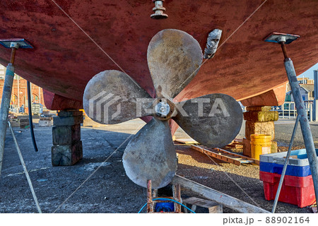 The propeller of a ship in dry dock 88902164