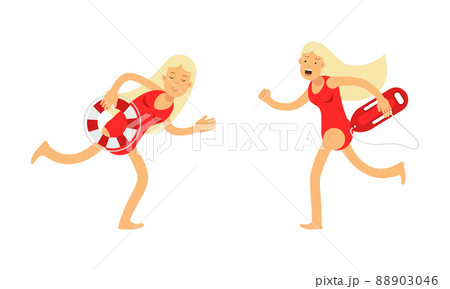 Girl beach lifeguards in red swimwear running with rescue buoys set. Woman professional rescuers vector illustration 88903046