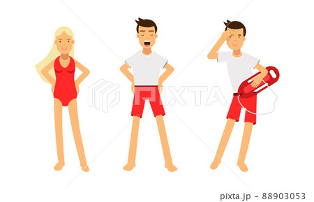 Lifeguards in red uniform set. Professional rescuers working at the beach vector illustration Lifeguards in red uniform set. Professional rescuers working at the beach vector illustration 88903053