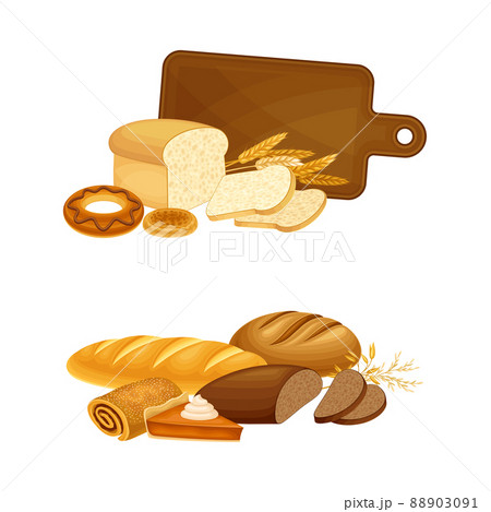 Bakery and pastry products set. Whole grain, rye and wheat bread, bakery shop assortment vector illustration 88903091