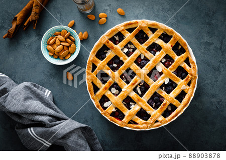 Almond and berry pie with lattice pastry, flat lay, top view Almond and berry pie with lattice pastry, flat lay, top view 88903878