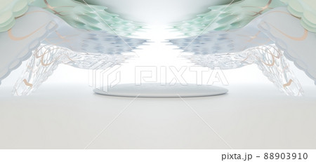 Luxury parametric abstract architectural minimalistic background. Contemporary showroom. Modern colored glass exhibition tunnel. Empty gallery. Backlight. 3D illustration and rendering. 88903910