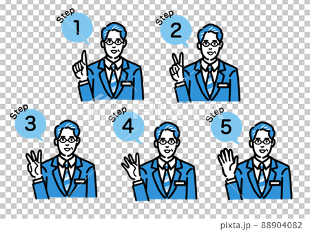 A set of middle-aged men wearing glasses wearing a suit with a badge explaining the process 88904082