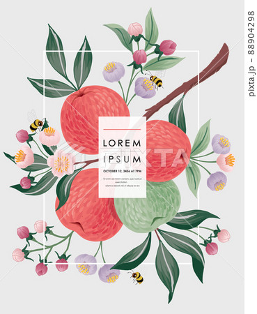 Vector illustration of a frame with apple fruits and flowers. 	 88904298