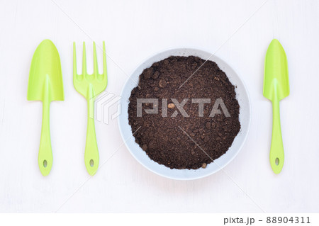 View from above. There is a plate of soil on the table. Nearby instead of cutlery lies garden tools. Concept 88904311