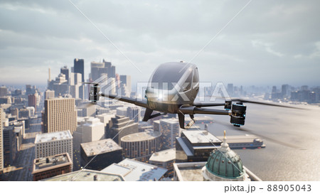 Autonomous driverless aerial vehicle fly across city, 3d render 88905043