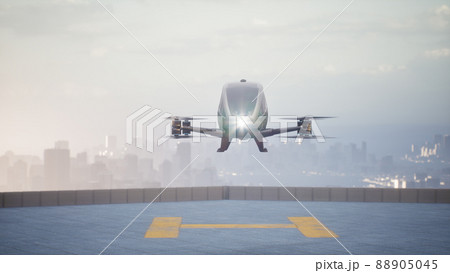 Autonomous driverless aerial vehicle fly across city, 3d render 88905045