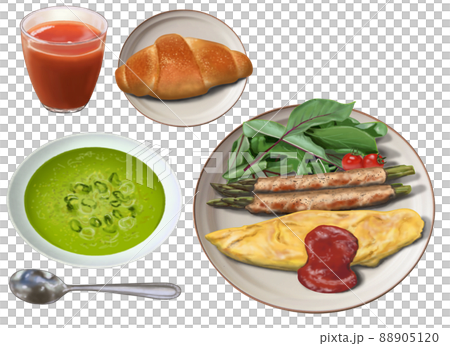 Breakfast, vegetable soup, bread, omelet Breakfast, vegetable soup, bread, omelet 88905120
