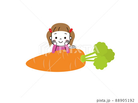 人参と女の子　大きなニンジンに頬杖をついて微笑んでいる女の子 88905192