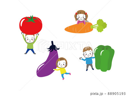 野菜と子どもたち　トマト　ニンジン、ナス、ピーマンと笑顔の子どもたち 88905193