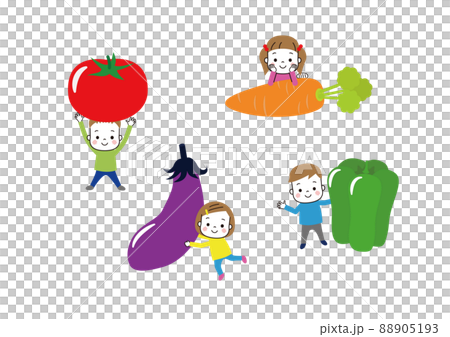 野菜と子どもたち　トマト　ニンジン、ナス、ピーマンと笑顔の子どもたち 88905193