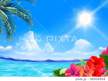太陽の光差し込む青い空の下、美しい海沿いにヤシの木とハイビスカスの