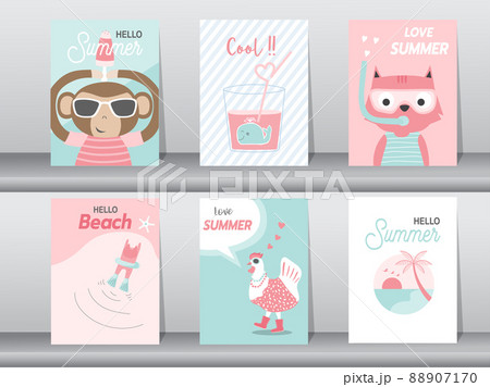 Set of cute animal for summer card on pattern design,poster,template,greeting,cards,Vector illustrations. 88907170