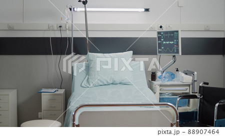 Empty reanimation room with equipment for intensive care. Nobody in hospital ward designed with heart rate monitor, bed and IV drip bag for patient healthcare and healing recovery. 88907464