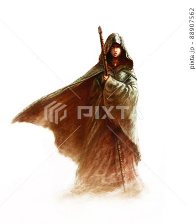 Fantasy young witch - beautiful woman with magic staff, white background (painting, fictional character) 88907562