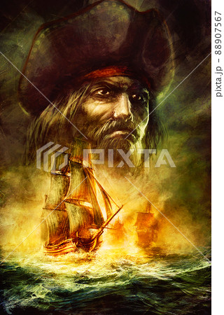 ships at sea and pirate head 88907567