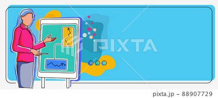 Lady in suit standing front backdrop holding presentation displaying creative thinking achieving project goals. Woman presenting before bord showing new project strategy. 88907729